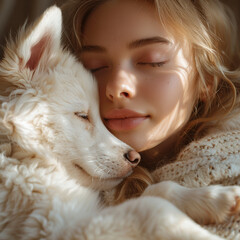 portrait of a woman with a white dog