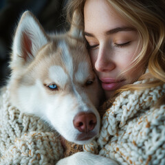 portrait of a woman with a white dog	