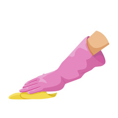 A hand wearing a pink glove is cleaning with a yellow cloth. Vector illustration