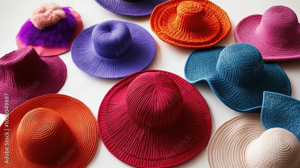 Poster a colorful collection of stylish hats displayed on a light background, showcasing unique textures an