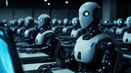 Row of robots in tech workspace	