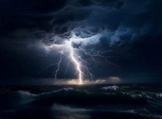 A powerful bolt of lightning illuminates the stormy sea, creating a dramatic scene of nature's fury.