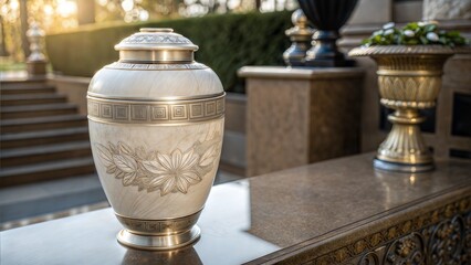 Luxurious white marble memorial urn with silver patterns on a veranda in an elegant home