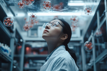 A scientist in lab coat gazes thoughtfully at floating virus models, reflecting curiosity and determination in high tech laboratory environment