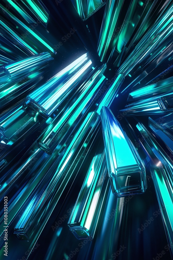 Poster abstract digital artwork featuring radiant blue and green crystal-like structures illuminated by dyn
