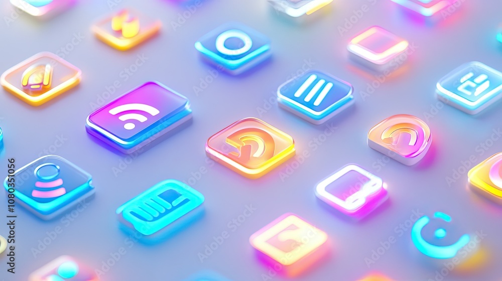 Poster colorful and vibrant neon icons collection for digital platforms, featuring various styles for user 