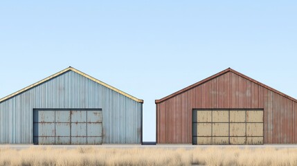 Fototapeta premium Two rustic metal buildings side by side in a barren landscape.