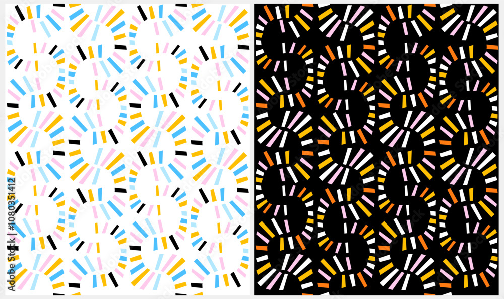 Wall mural set of 2 cute abstract geometric vector patterns. colorful endless design with stripes on a white ba