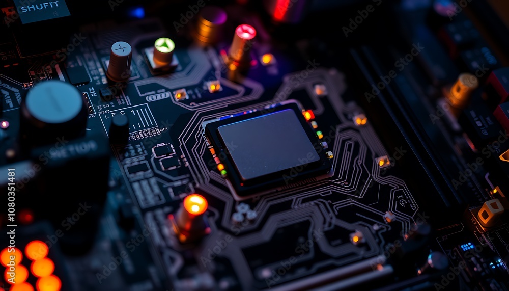 Poster a close-up of a computer motherboard wallpaper with intricate components and glowing leds, highlight