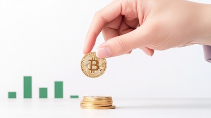 A hand places a gold Bitcoin coin atop a stack, with green bars in the background suggesting financial growth and cryptocurrency investment.