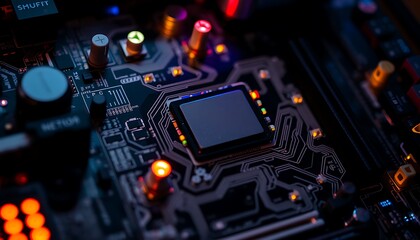 Fototapeta premium A close-up of a computer motherboard wallpaper with intricate components and glowing LEDs, highlighting the inner workings of technology.
