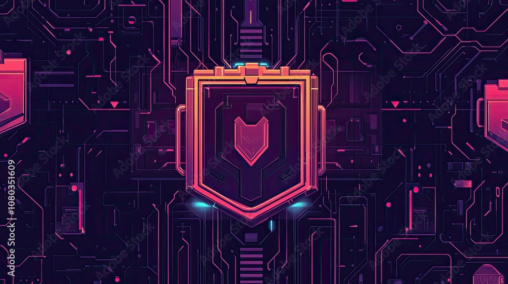 Poster vibrant digital shield with circuit patterns representing cybersecurity and data protection against 