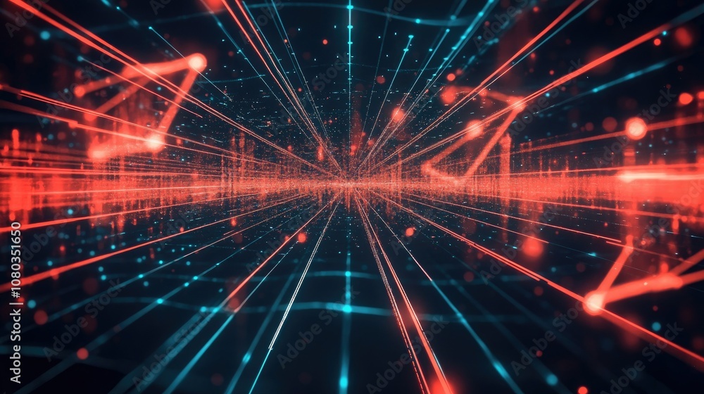 Poster futuristic digital network visualization with red and blue lines in a dynamic perspective, represent