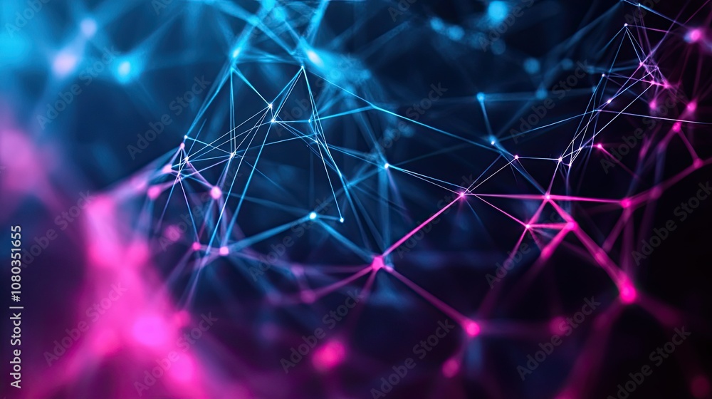 Poster abstract background with glowing lines and dots in blue and pink colors representing digital connect