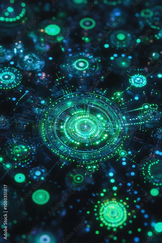 Poster abstract digital circles and glowing lights representing technology and innovation in a futuristic d