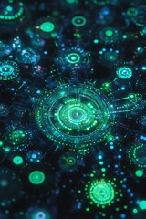 Obraz premium Abstract Digital Circles and Glowing Lights Representing Technology and Innovation in a Futuristic Design with Blue and Green Hues