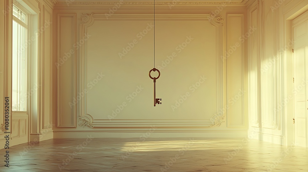Poster an elegant key hangs in an empty room bathed in soft light, simulating a sense of mystery and antici