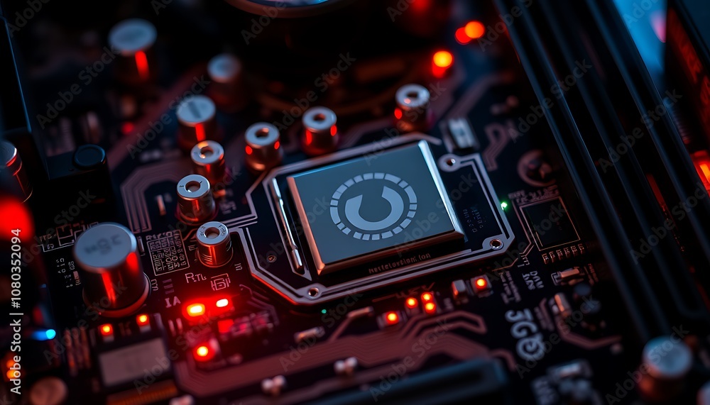 Poster a close-up of a computer motherboard wallpaper with intricate components and glowing leds, highlight
