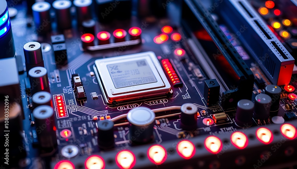 Poster a close-up of a computer motherboard wallpaper with intricate components and glowing leds, highlight