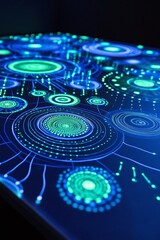 Abstract digital illustration showcasing vibrant neon circular patterns and intricate network connections against a dark background, ideal for technology and innovation themes.