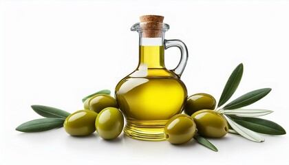 瓶に入ったオリーブオイルとグリーンオリーブの実と葉っぱ（Bottle of olive oil and green olives with leaves on white background.）
