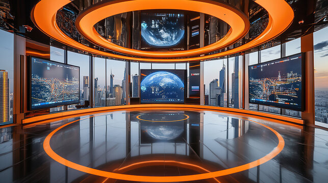 Futuristic Control Room with Earth View on Large Screen