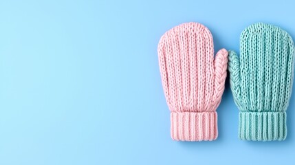 Cozy Handmade Mittens in Soft Pink and Turquoise on a Light Blue Background Perfect for Winter Fashion and Seasonal Styling Needs
