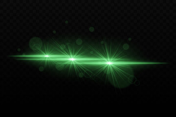 Bright green neon light with glare and lens flare effects. Three focused light beams with radiant glow and bokeh particles on a dark background
