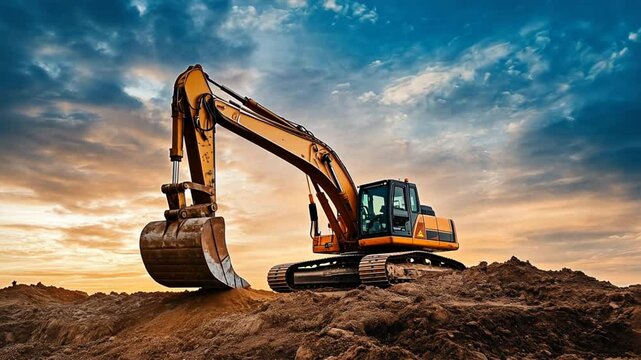 A large yellow excavator is on a dirt field