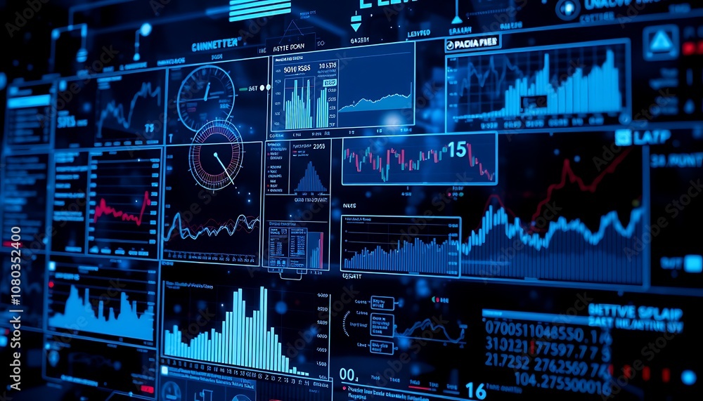 Poster a holographic interface wallpaper displaying various data and graphs, set against a dark, tech-inspi