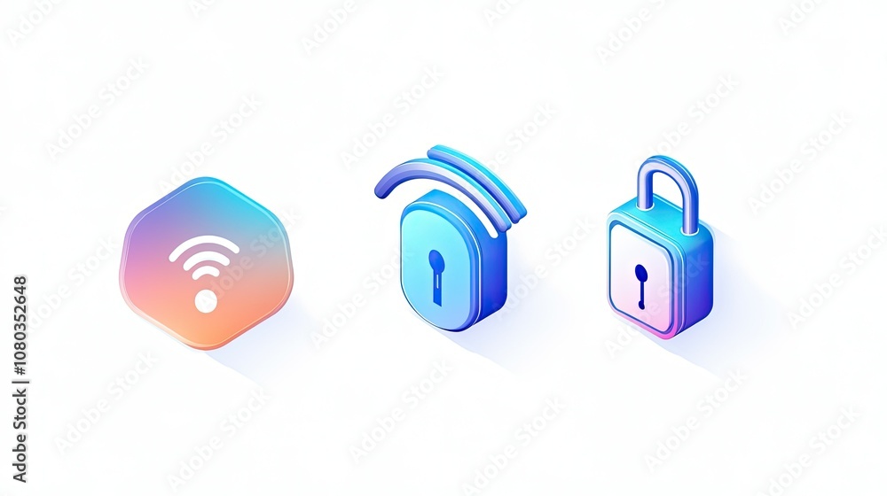 Poster modern vector icons of wireless connectivity, digital security, and lock symbol representing technol