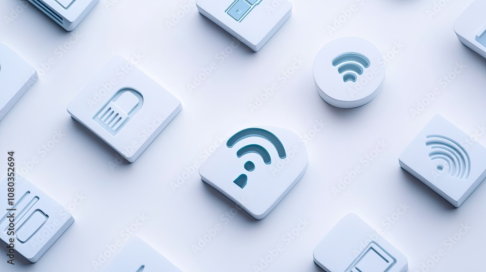 Poster modern technology icons representing connectivity, security, and home automation on a light backgrou