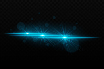 Bright blue neon light with glare and lens flare effects. Three focused light beams with radiant glow and bokeh particles on a dark background