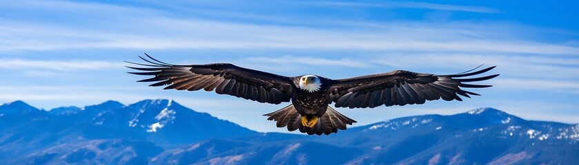 Naklejka premium Bald Eagle Soaring Above Majestic Mountains