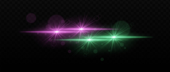 Green and pink light beams with radiant star-like glare and soft bokeh effects. Bright points of light and glow on a dark background, creating a layered lighting effect