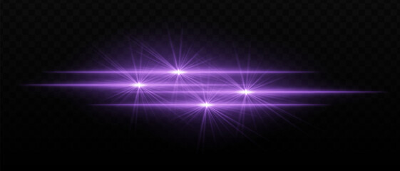 Bright purple light beams with star-like bursts and radiant glow. Horizontal light streaks and glare on dark background, creating a vibrant illumination effect