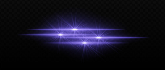 Bright purple light beams with star-like bursts and radiant glow. Horizontal light streaks and glare on dark background, creating a vibrant illumination effect