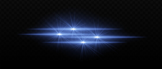 Fototapeta premium Bright blue light beams with star-like bursts and radiant glow. Horizontal light streaks and glare on dark background, creating a vibrant illumination effect