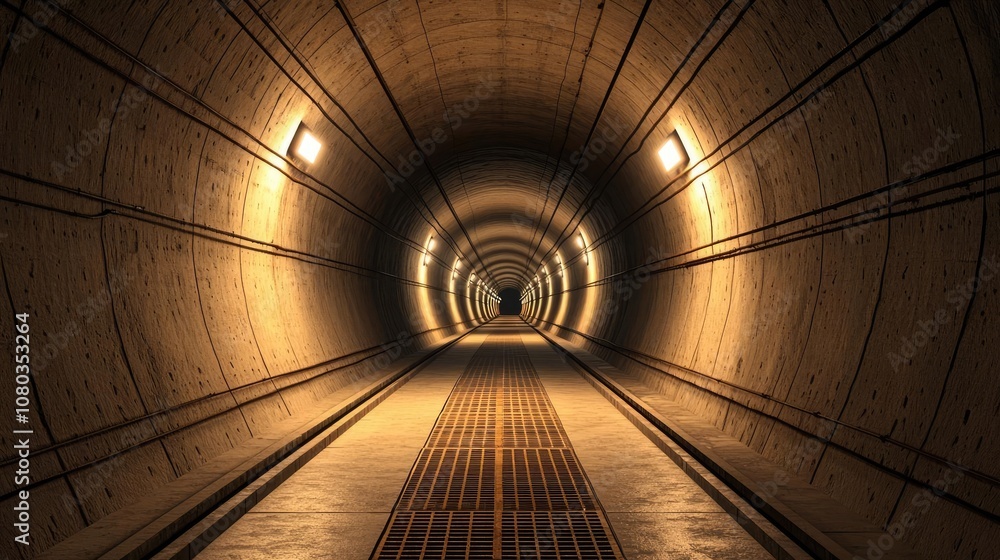 Poster Dark tunnel with lights illuminating the path, creating a sense of depth.