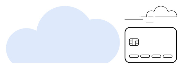 Blue cloud and secure credit card with chip signifying cloud storage, secure payment, and online services. Ideal for finance, ecommerce, cybersecurity, technology, cloud computing, digital wallets