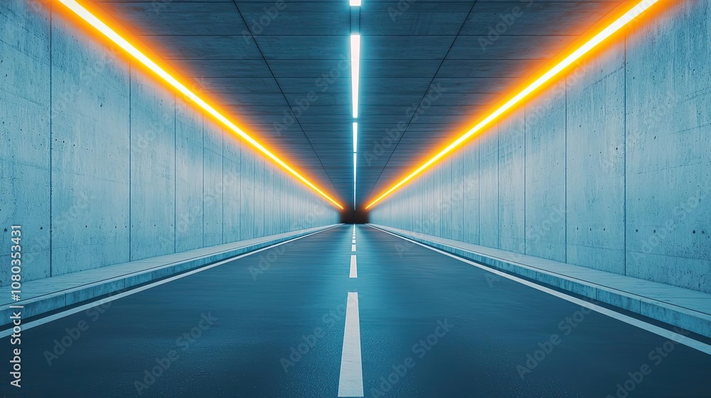 Poster Futuristic tunnel with bright lights and smooth pavement, creating visual depth.