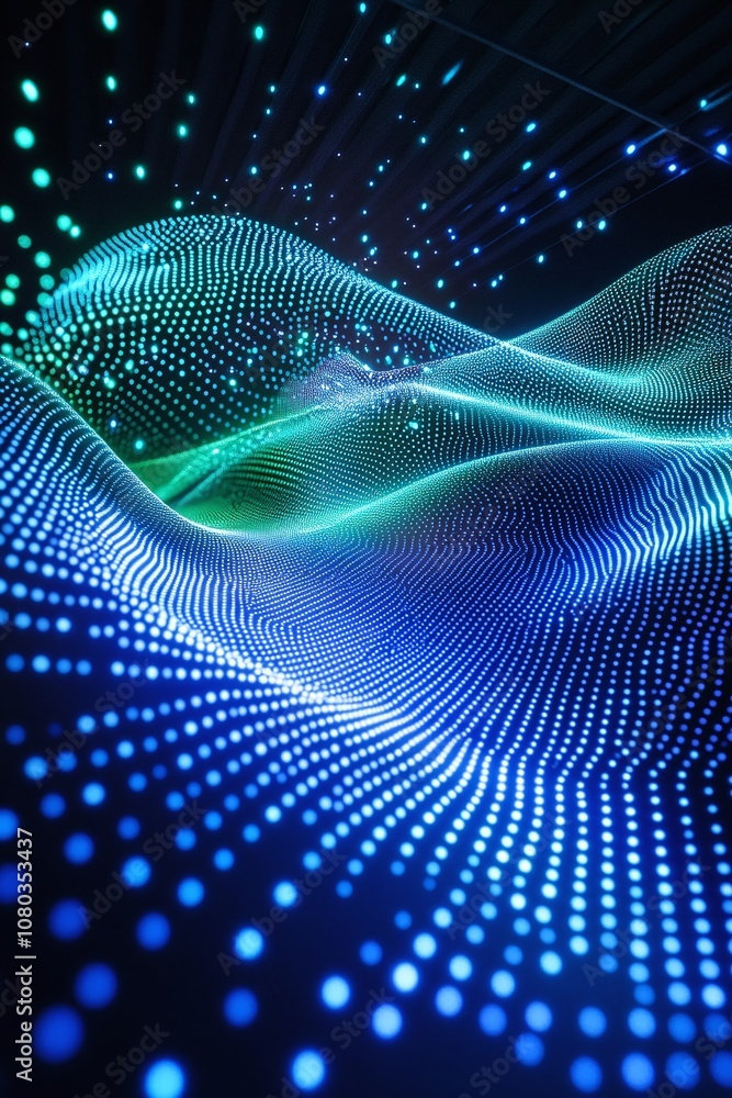 Poster abstract digital wave pattern with illuminating dots in blue and green shades creating a futuristic 