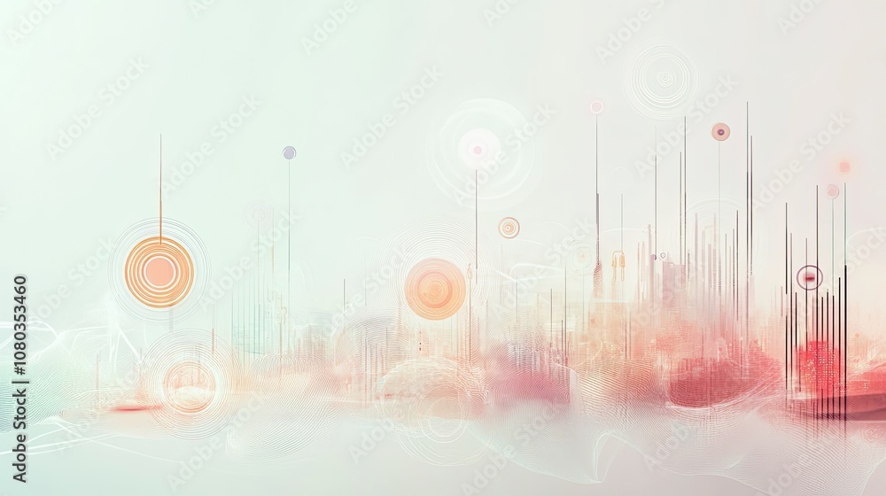 Poster abstract digital background with vibrant circular shapes and vertical lines representing data visual