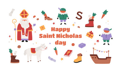 Happy Saint Nicholas banner with man, cute horse, children and celebrate elements. Sinterklaas background. Vector illustration. Holiday greeting, Christmas card.