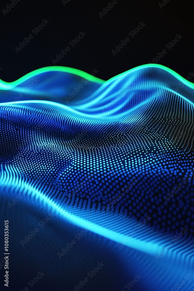 Poster abstract digital waves with blue and green light displaying flowing patterns in a dark background fo