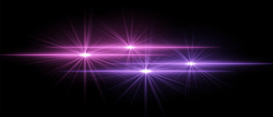 Purple light beams with star-like bursts and radiant glow. Horizontal streaks create intense illumination and contrasting colors on a dark background
