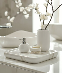 spa environment with personal care supplies and white flowers in a white vase with cozy and stylish bathroom background