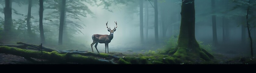 Obraz premium Deer in Misty Forest: A Mystical Encounter