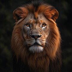Naklejka premium Close-up portrait of a majestic lion with intense amber eyes staring directly at the camera.