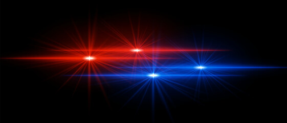 Red and blue light beams with star-like bursts and radiant glow. Horizontal streaks create intense illumination and contrasting colors on a dark background